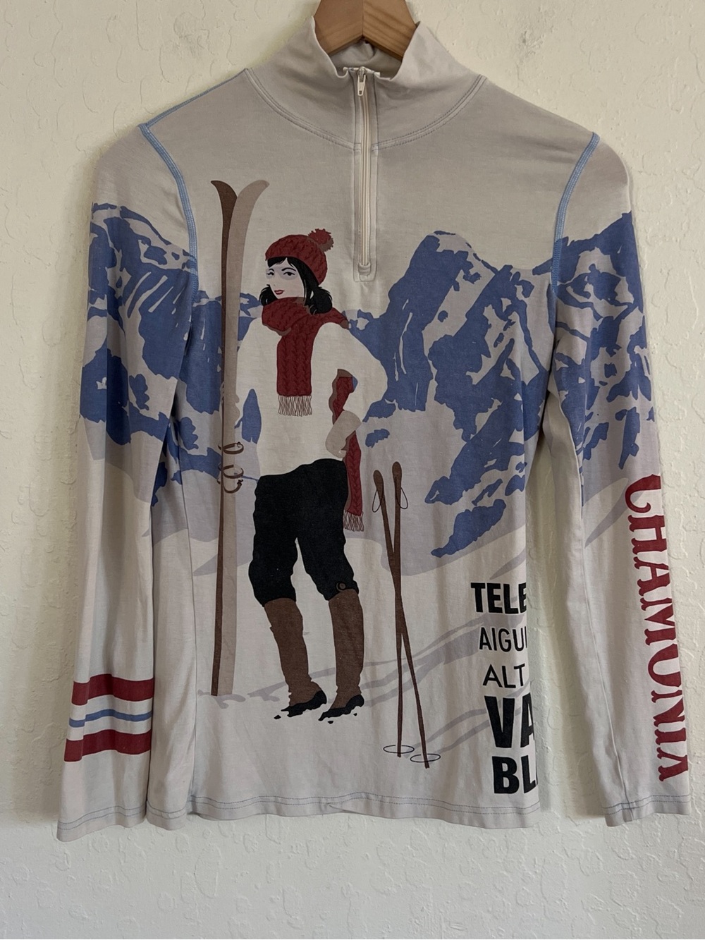 Neve Silk Wool Chamonix Ski Graphic 1/4 Zip Base Layer Top XS Outdoor Winter